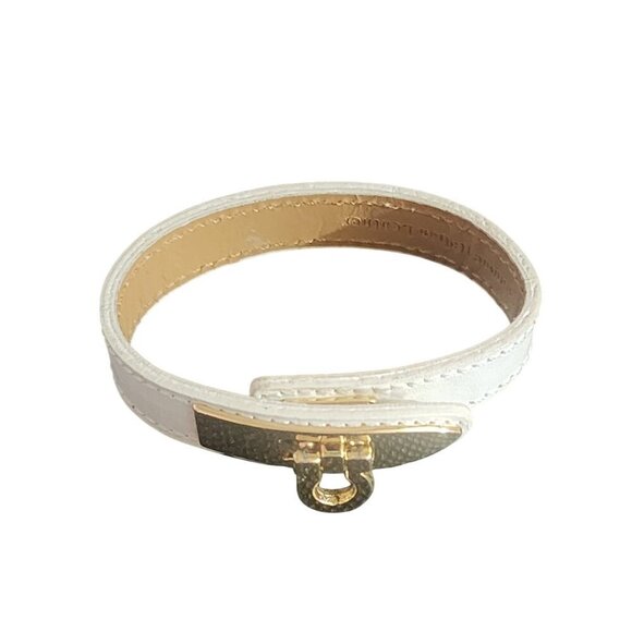 Gancini Buckle White Italian Leather Bracelet Classic Gold-Tone Padlock Closure - Picture 2 of 8